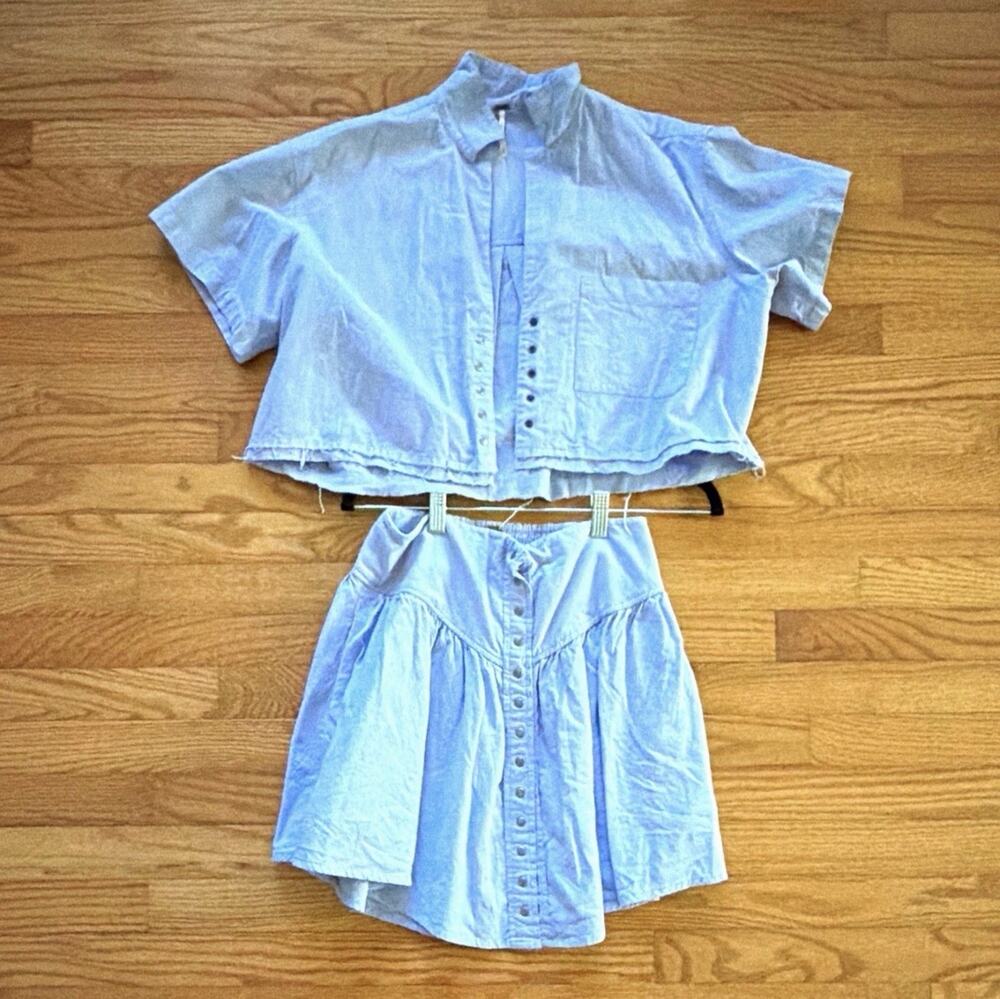 Free People Blue Denim 2pc Set XS Button-Up Shirt & Skirt Elastic Waist